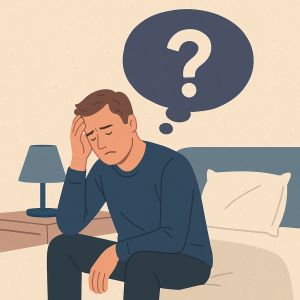 image of a man sat on his bed with a question mark in a thought bubble