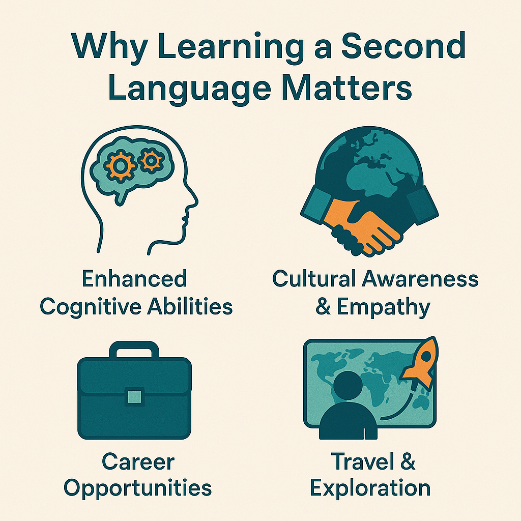 4 images with support why learning a language matters, brain development, career opportunities, travel and cultural understanding